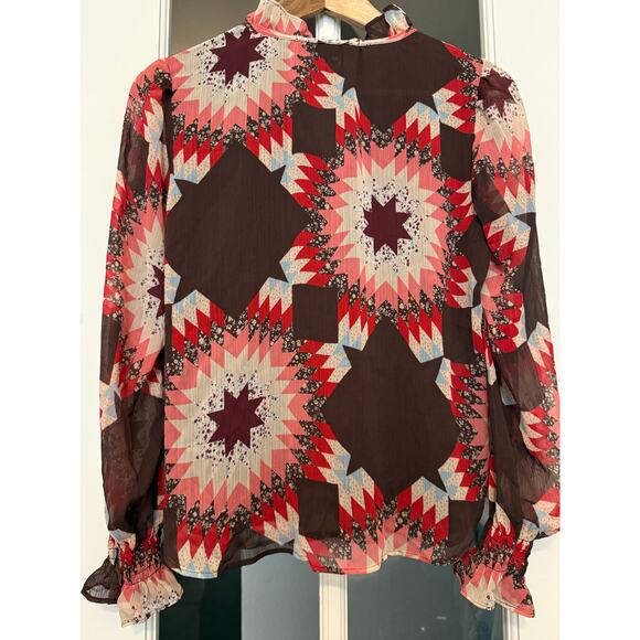 LOFT patchwork Ruffle Tie Neck long sleeve flowy Blouse XSP petite - Picture 9 of 13